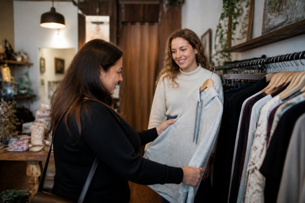 A woman browsing a small, warmly lit boutique clothing rack, holding a hoodie up to inspect the fabric while a shop owner smiles nearby