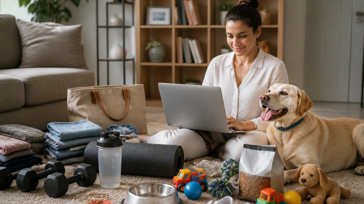 Busy parent using a laptop at home surrounded by various lifestyle products, fitness gear, and children's toys
