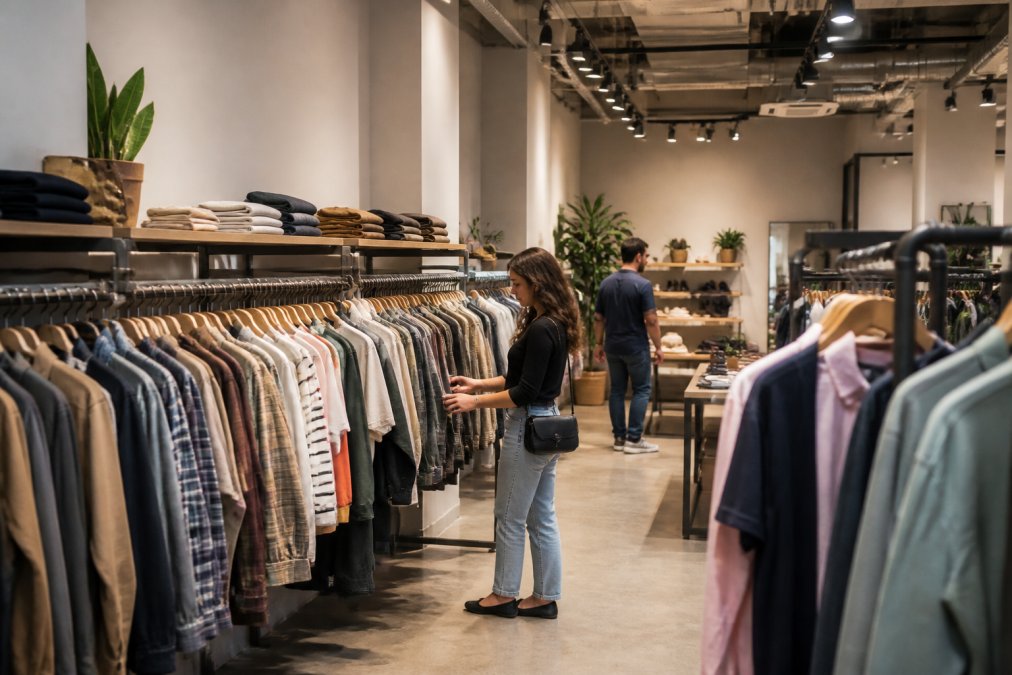 Customers browsing clothing racks displaying diverse styles and brands together in a modern retail environment with warm lighting and organized merchandising