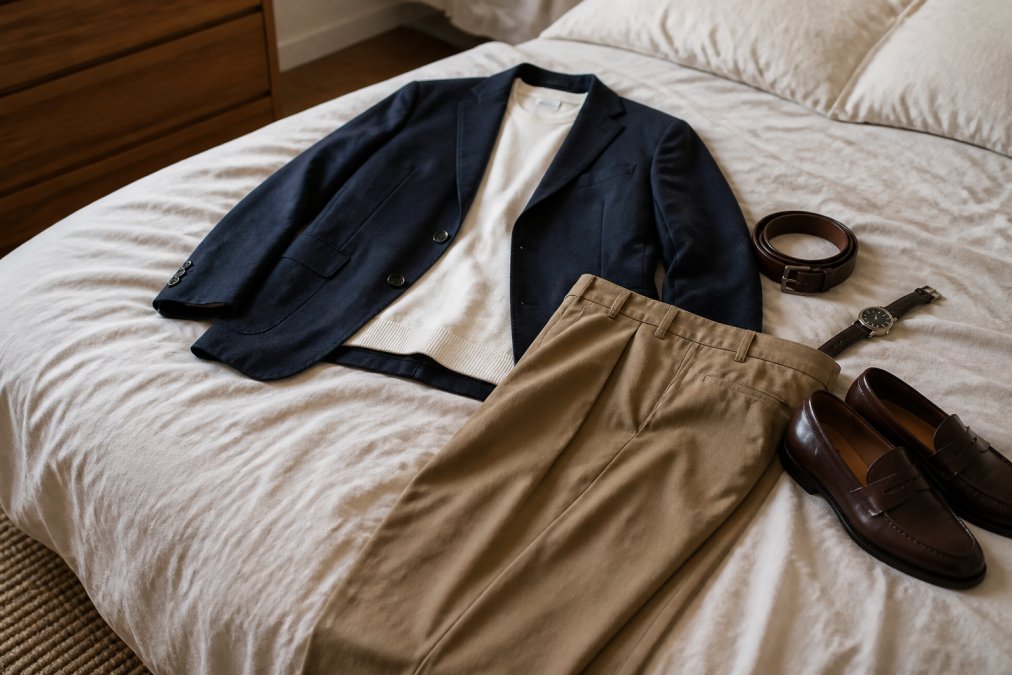 A styled outfit displayed on a bed showing coordinated pieces from different brands, a blazer from one label, trousers from another, and accessories from a third, arranged to demonstrate visual cohesion