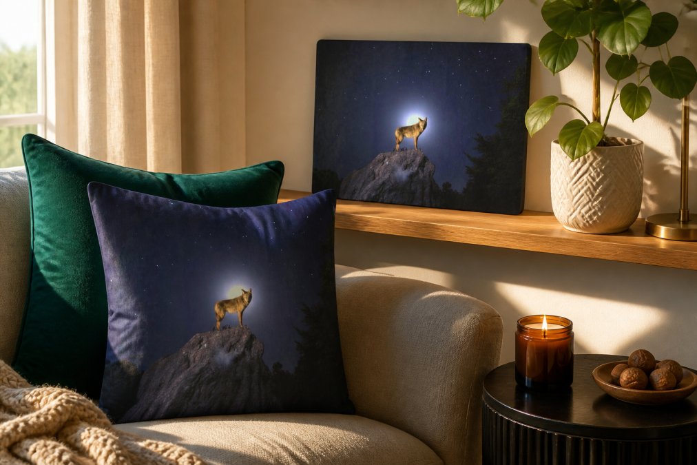 A thoughtfully styled living room corner featuring a personalized spun polyester square pillow in jewel tones, a colorful glass cutting board displayed on a wooden shelf, and a soy candle glowing on a side table, showing how independent decor pieces work together harmoniously in natural afternoon light