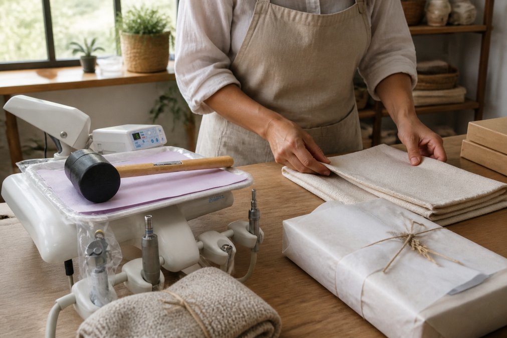 Hands carefully packaging artisanal home decor items, a cutting board wrapped in tissue, a pillow cover being folded with precision, in a small workshop with natural light from large windows, showing the personal care and craftsmanship behind independent brand products