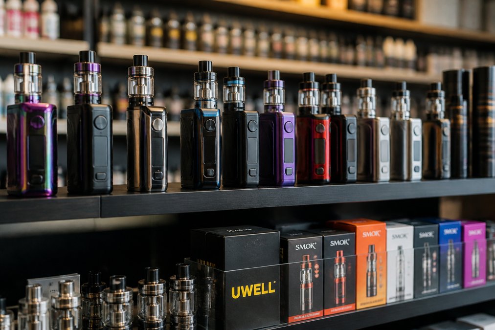 Close-up of authentic vaping hardware and branded products like UWELL and SMOK displayed on retail shelves in a welcoming shop environment, showing premium devices and accessories