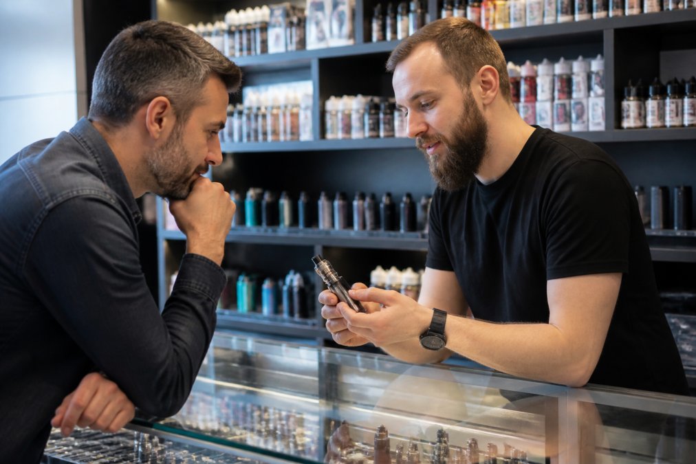 A friendly vape shop employee showing a refillable device to a curious adult customer at a well-lit counter, with shelves of vape hardware and e-liquid bottles visible in the background