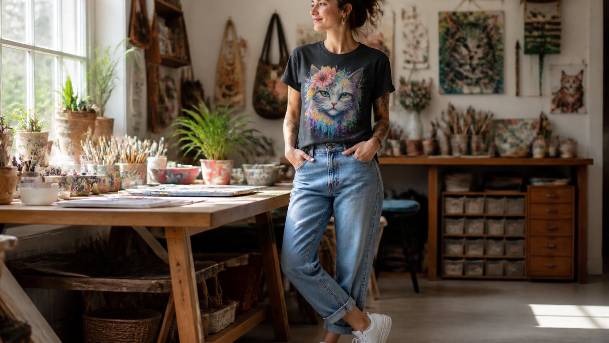 Person wearing a colorful, artist-designed graphic t-shirt styled casually with jeans and white sneakers, standing in natural window lighting with a confident, relaxed posture