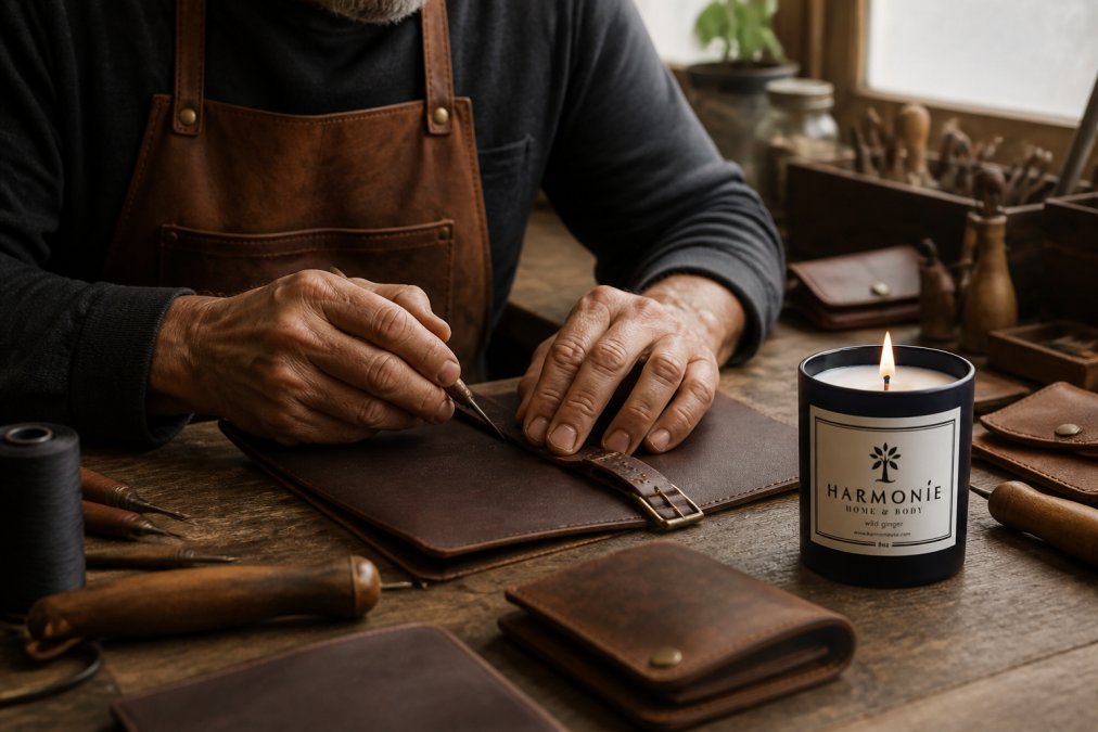 Artisan's weathered hands carefully crafting a leather accessory at a wooden workbench, with finished pieces and natural materials arranged in soft natural window light