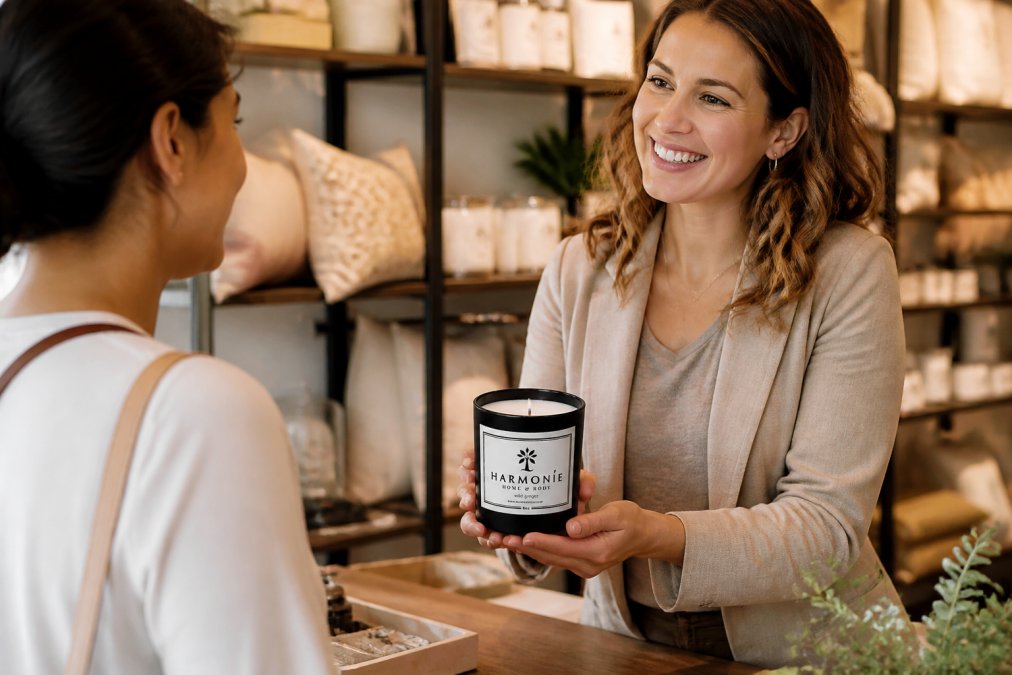 Small business owner with warm smile assisting a customer in an intimate, thoughtfully curated shop filled with handcrafted lifestyle products and soft ambient lighting