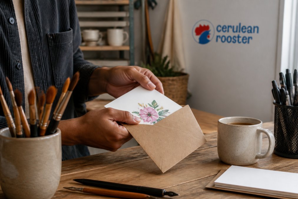 A close-up of hands carefully packing a handmade greeting card into a kraft paper envelope on a wooden studio desk, with art supplies and a coffee mug nearby