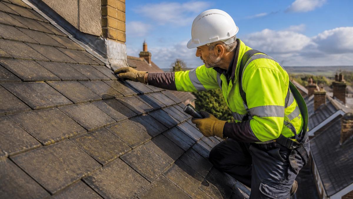 Roof inspector in safety gear performing a professional roof inspection on residential tiles.