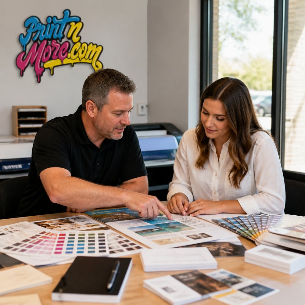 Business professional and print designer reviewing printed color samples and design proofs together at a consultation table with branded materials and swatches visible