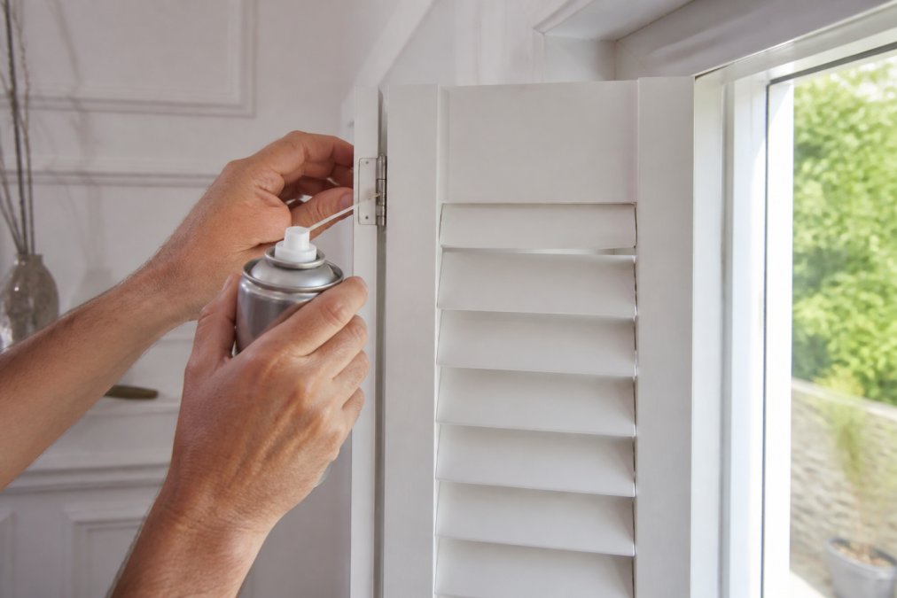 A hand applying silicone lubricant spray to the top hinge of a white plantation shutter, with the shutter fully open in a bright room with natural window light