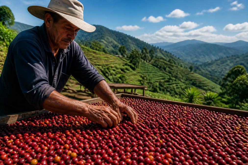 A farmer's hands sorting ripe red coffee cherries on raised wooden drying beds, lush green terraced mountains and bright blue sky behind them