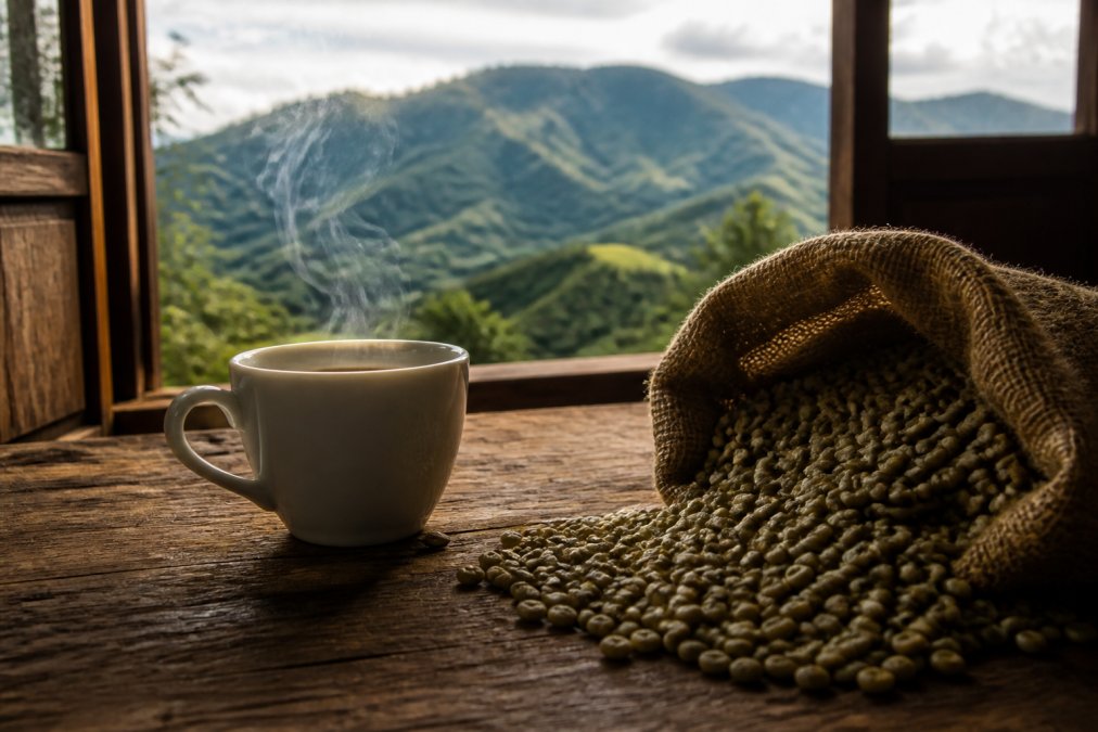 A steaming cup of coffee on a rustic wooden table beside a burlap sack of green coffee beans, with soft natural light and a blurred mountain landscape visible through a window behind