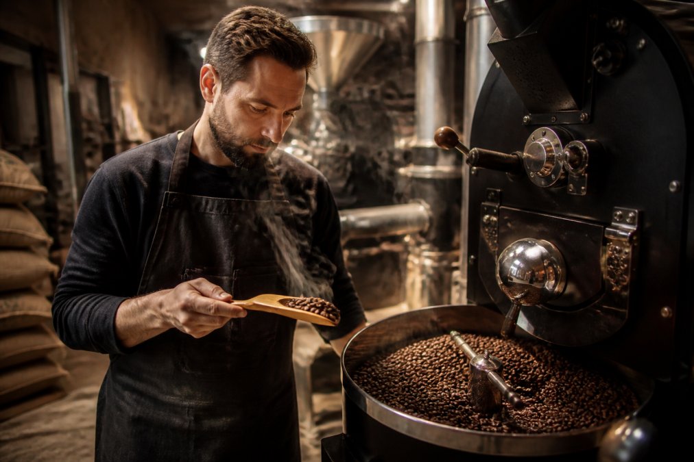 Artisan roaster standing beside a small-batch drum roaster in a warm, dimly lit roastery, holding a wooden sampling spoon with freshly roasted dark coffee beans, steam rising gently in the amber light