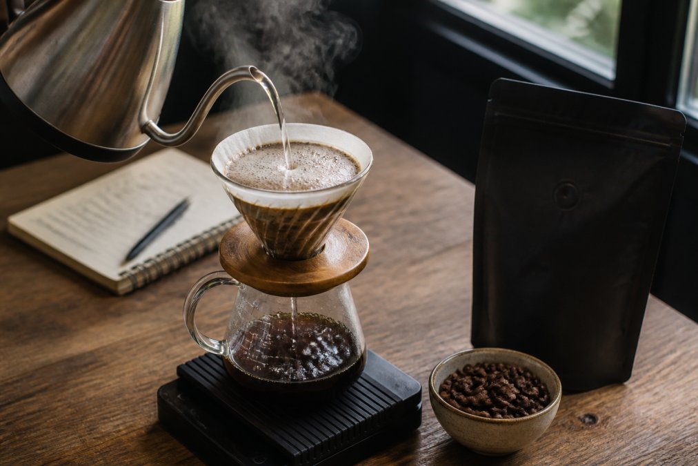 Close-up of a pour-over coffee setup with steam rising, a bag of single-origin coffee beans beside it, and a notebook with tasting notes in the background