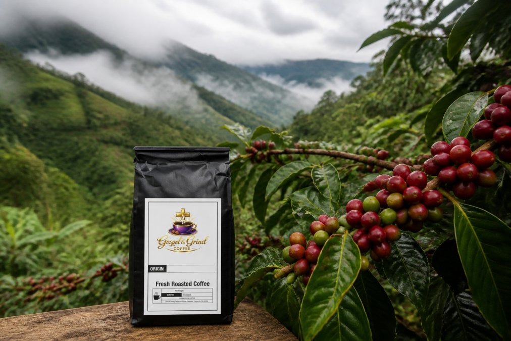 Close-up of coffee cherries ripening on a tree with misty mountainous terrain and lush green vegetation visible in the background, showing the elevation and landscape that define coffee terroir
