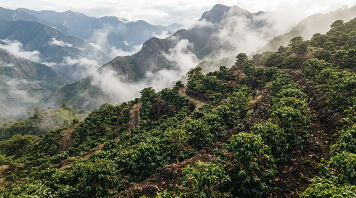 Aerial view of lush coffee plants growing on a steep mountainside with volcanic soil visible between rows, morning mist rising through the canopy, high altitude landscape with distant peaks