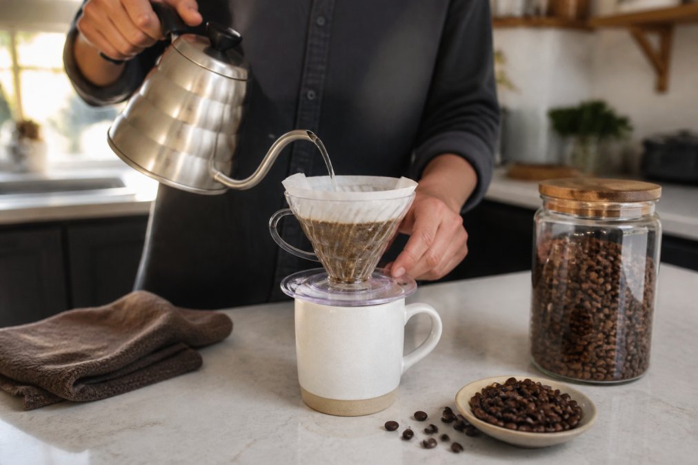 Hands pouring hot water into a pour-over coffee filter with a ceramic cup positioned below, showing proper technique with single origin coffee beans visible on the counter nearby, natural kitchen lighting