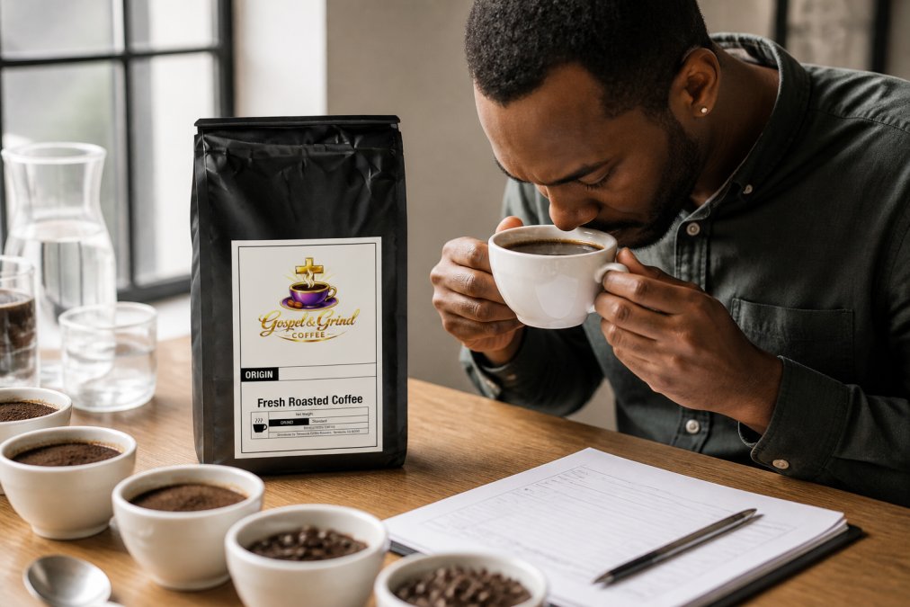 Hands holding a white ceramic cup during a coffee tasting session, with someone leaning in to observe the aroma and rich brown color of freshly brewed coffee in natural window light