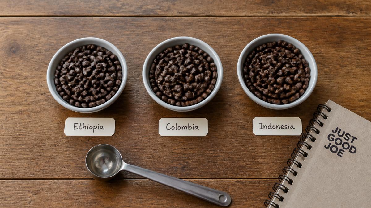 Infographic showing three bowls of coffee beans with a cupping spoon and notebook to compare flavor profiles.