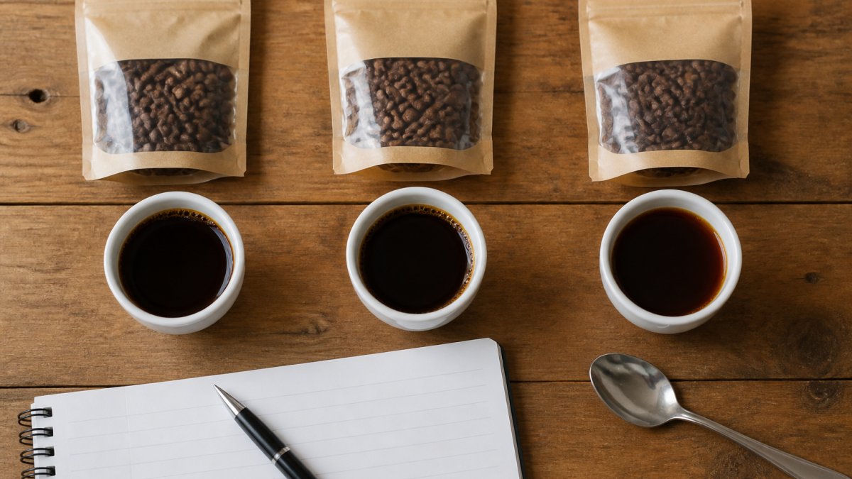 Overhead shot of three small white tasting cups of black coffee on a wooden table, each beside a small labeled bag of whole beans, with a notebook and spoon nearby in soft natural light