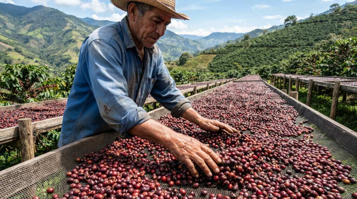 A farmer's hands turning deep red coffee cherries spread across raised drying beds under bright tropical sunlight, with lush green hills in the background