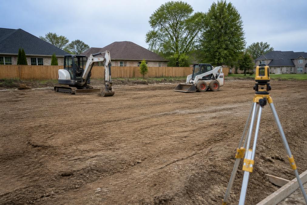 A compact excavator and skid steer leveling a residential building pad on a suburban lot, laser level on a tripod in the foreground, freshly graded soil visible under overcast afternoon light