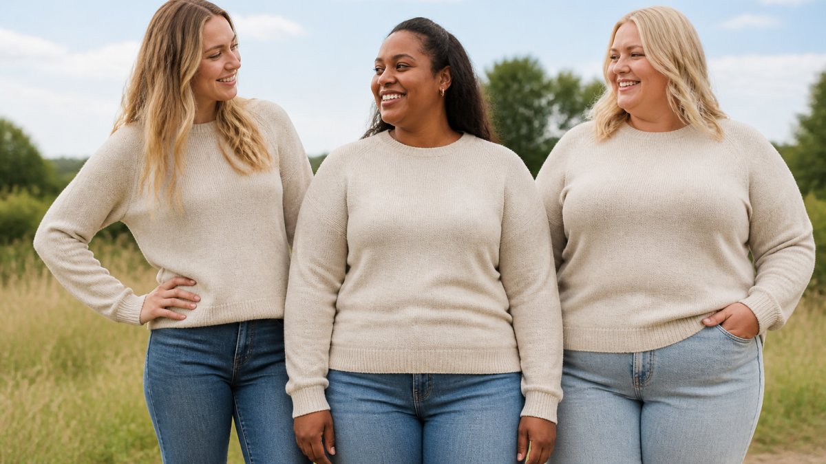 Three women of different sizes wearing the same style crewneck sweater, showing how the silhouette, fit, and proportions appear different across body types and sizes, photographed in natural daylight