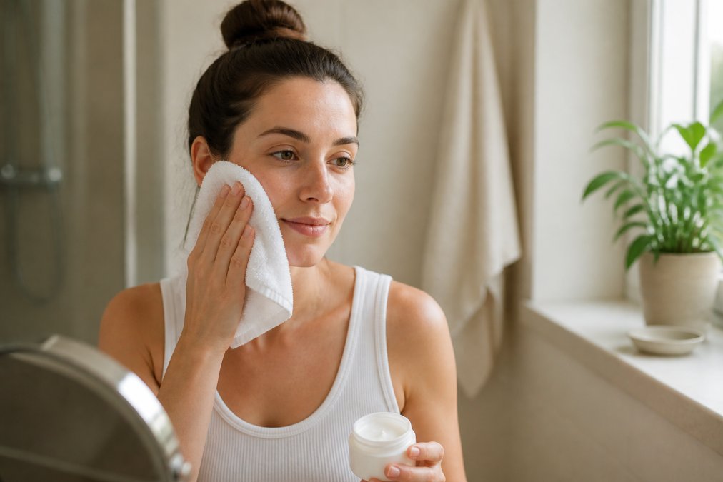 Woman with sensitive skin gently patting her face dry and applying moisturizer, explaining why skin feels tight after