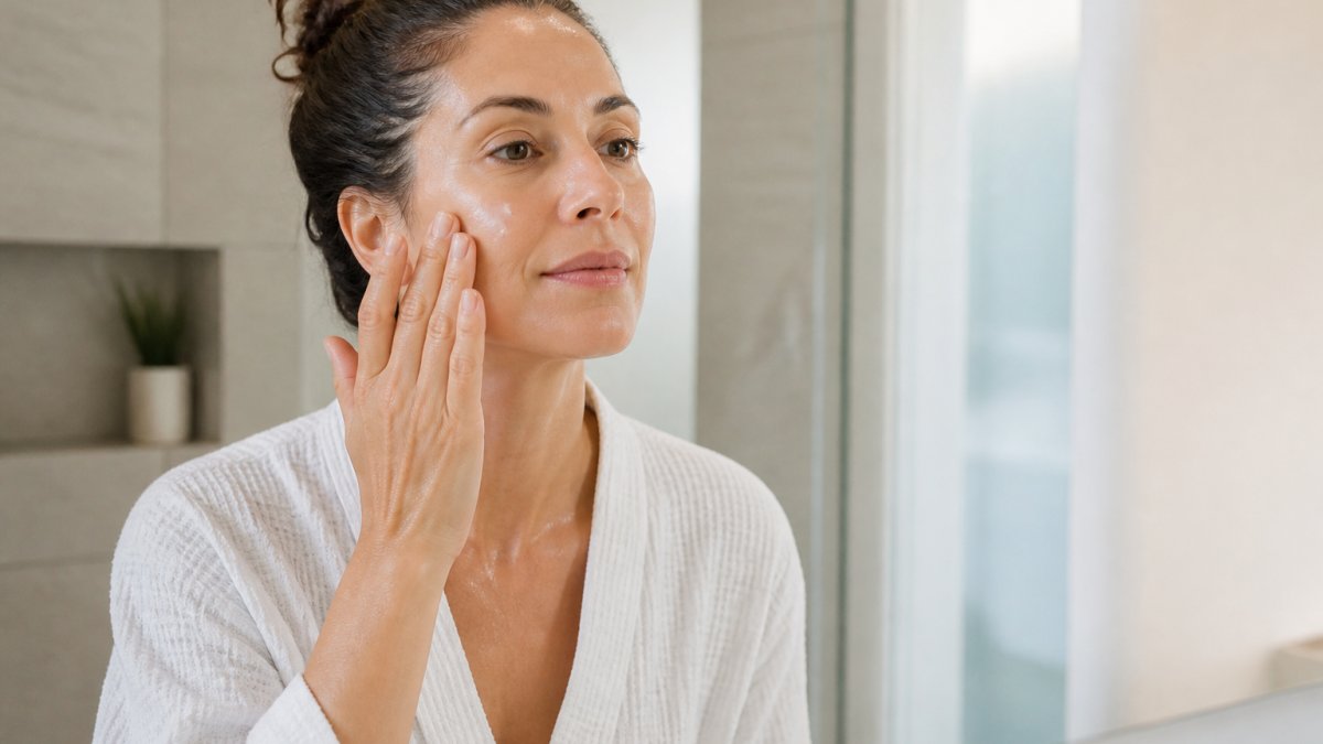 A woman in her 40s gently patting a small amount of face cream onto her damp skin in a bright bathroom, focusing on the application technique