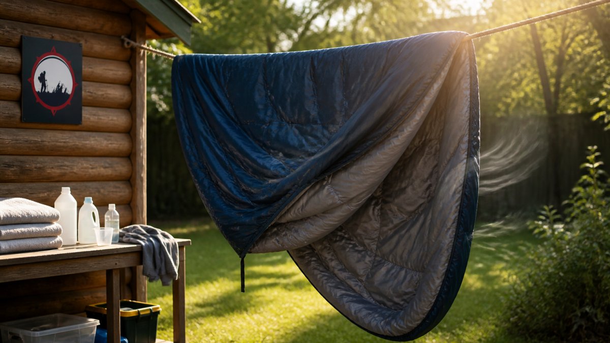 A sleeping bag hanging loosely on a clothesline in sunlight, with gentle air circulation visible around the material, showing proper post-wash drying technique