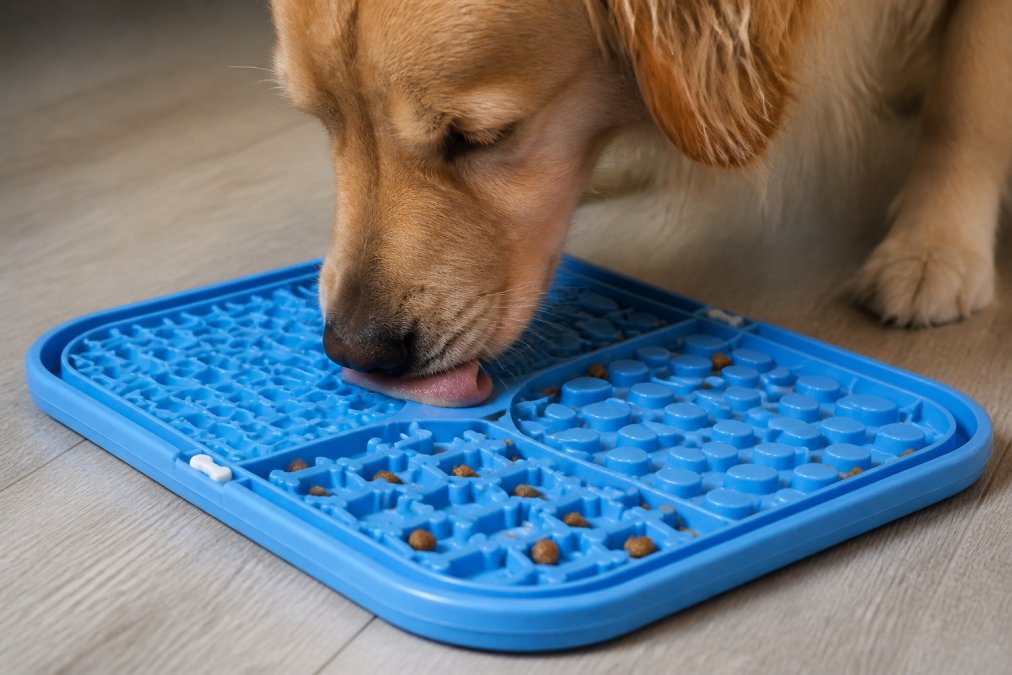 Close-up of a golden retriever's snout interacting with the ridged maze design of a slow feeder bowl during mealtime, showing the dog's tongue navigating around obstacles with kibble visible in the grooves