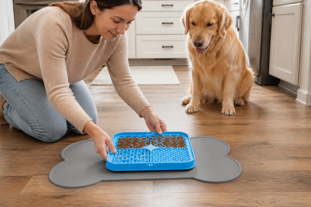 Dog owner placing a slow feeder bowl filled with kibble on a non-slip mat during morning feeding routine, demonstrating proper setup with the bowl centered on the mat in a well-lit kitchen