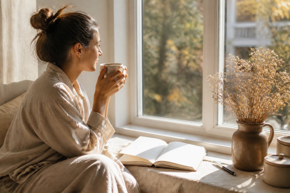 Person sitting peacefully with a warm beverage and open journal on a windowsill, morning light streaming through, surrounded by simple objects like a pen and dried flowers, hands poised thoughtfully