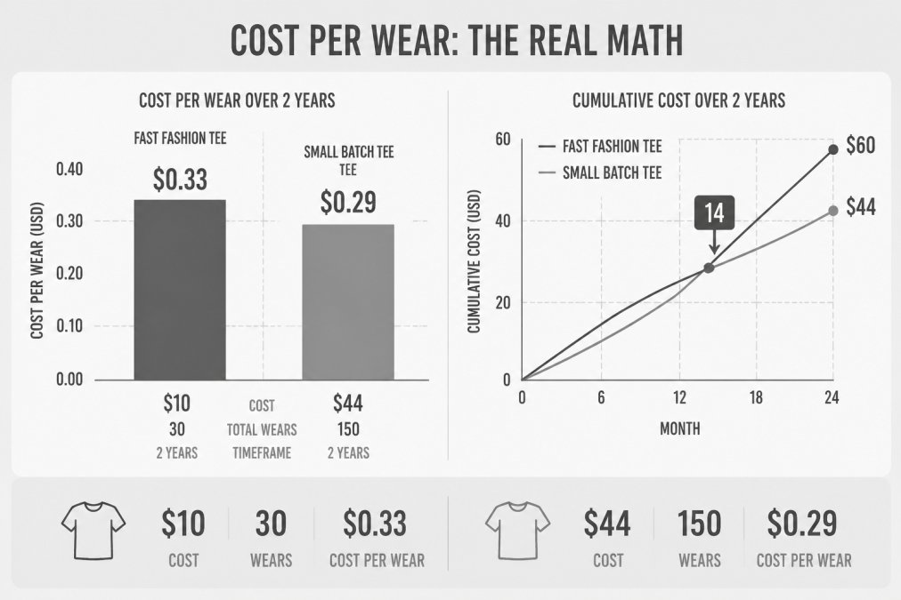 Bar chart comparing the cost per wear of a cheap tee versus a durable small batch shirt over two years.