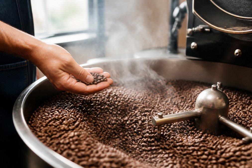 Close-up of a roaster's hand inspecting freshly roasted coffee beans spread in a cooling tray, roast color visible and light steam rising under warm workshop lighting