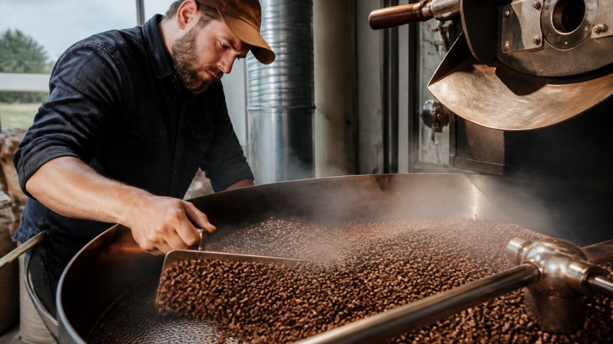 Close-up of freshly roasted coffee beans cooling on a roasting tray, with steam rising and warm light highlighting the bean color variation