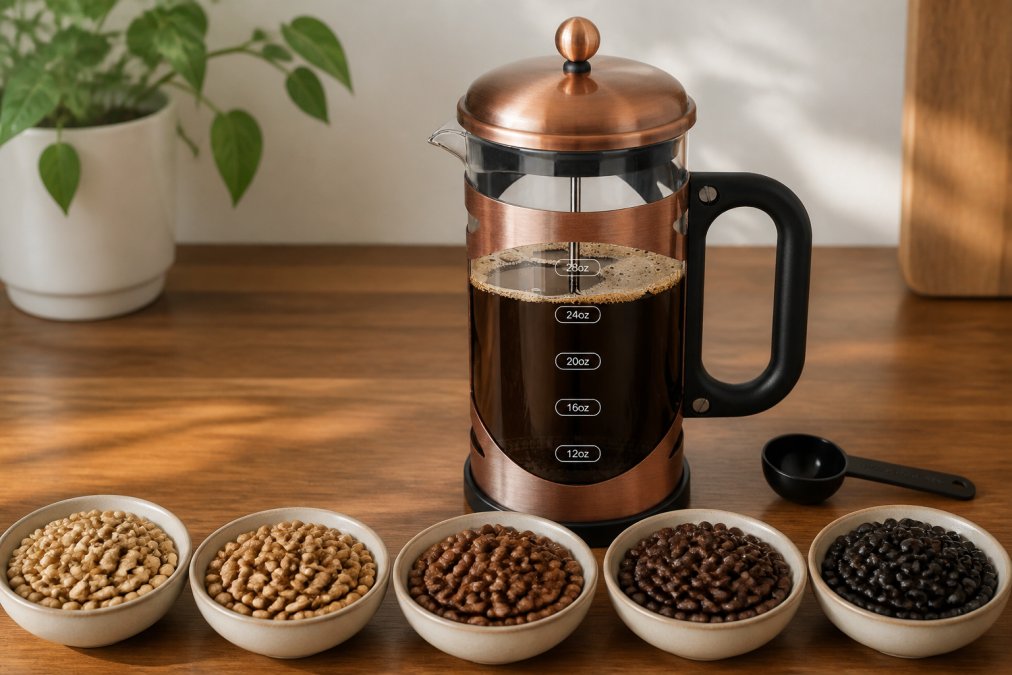 Close-up of coffee beans at different roast stages arranged from light tan to dark brown, showing the visual progression and color transformation from light to dark roast, with natural morning light highlighting the surface texture and sheen