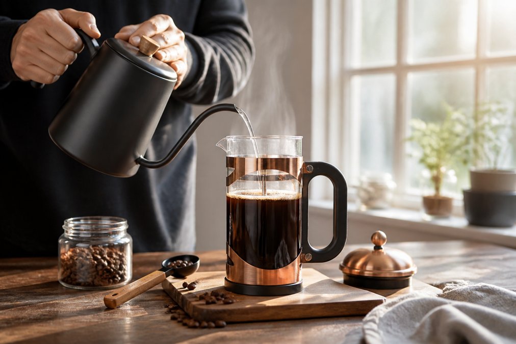 Hands pouring hot water from a gooseneck kettle into a French press filled with coarse ground coffee and whole beans, with steam rising and morning light streaming through a kitchen window