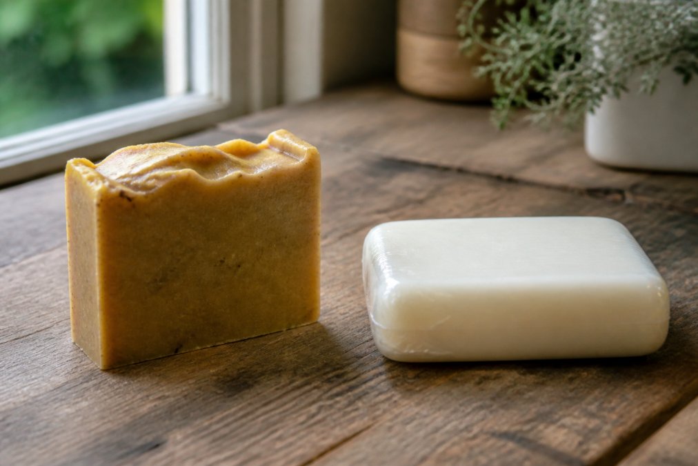 Comparison infographic contrasting rustic small batch soap with a smooth, plastic-wrapped commercial bar