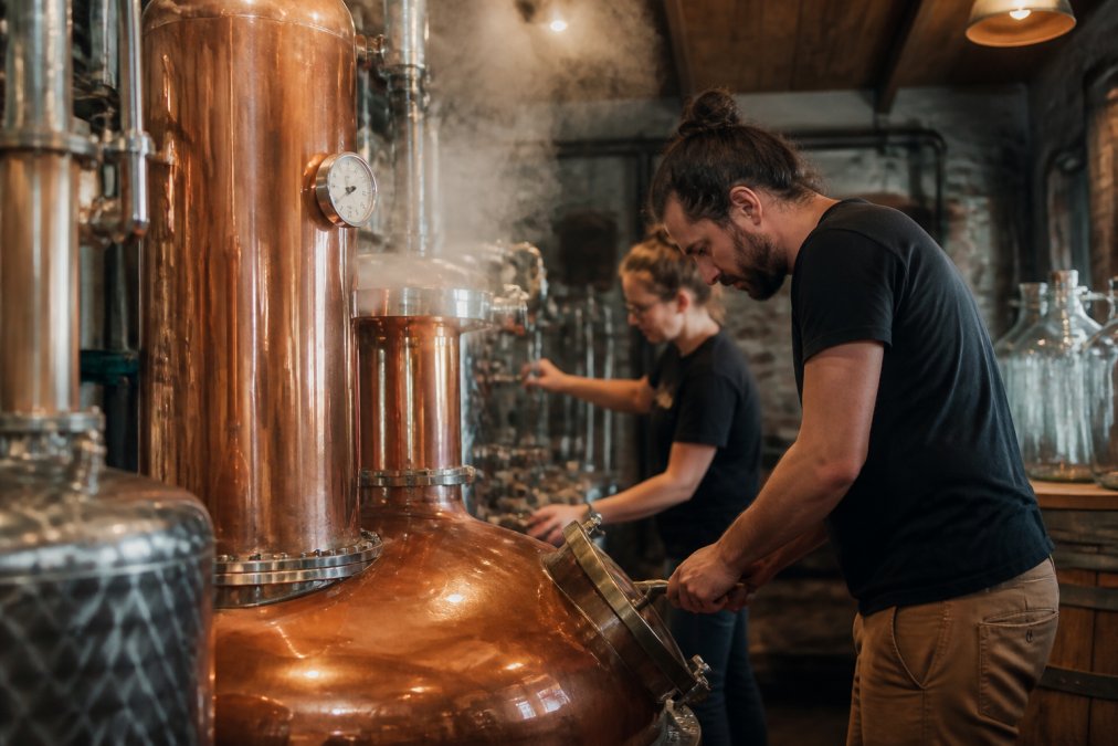A copper pot still in operation inside a small distillery, soft warm lighting and steam rising from the vessel, showing the hands-on craftsmanship of small batch distillation