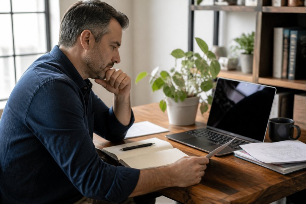 A small business owner reviewing a laptop screen with financial records and a notebook in a bright office, appearing focused and organized