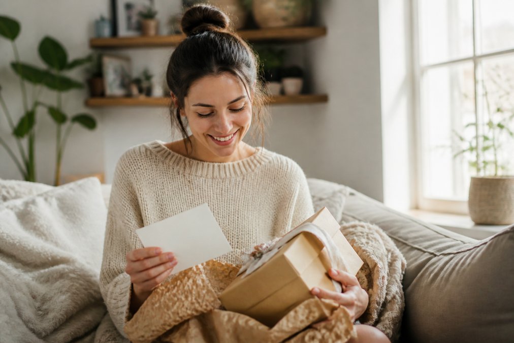 Woman unwrapping a personalized gift box with handwritten card, smiling warmly, natural lighting from a window