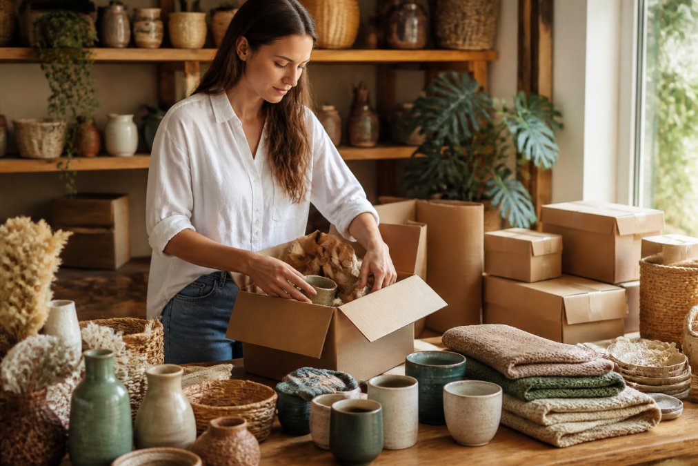 Small business owner packing a custom order with care, surrounded by artisan products and branded packaging