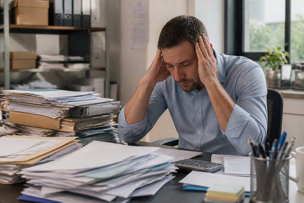 Small business owner or IT manager sitting at desk looking stressed while managing multiple security alerts on computer screen, natural office lighting