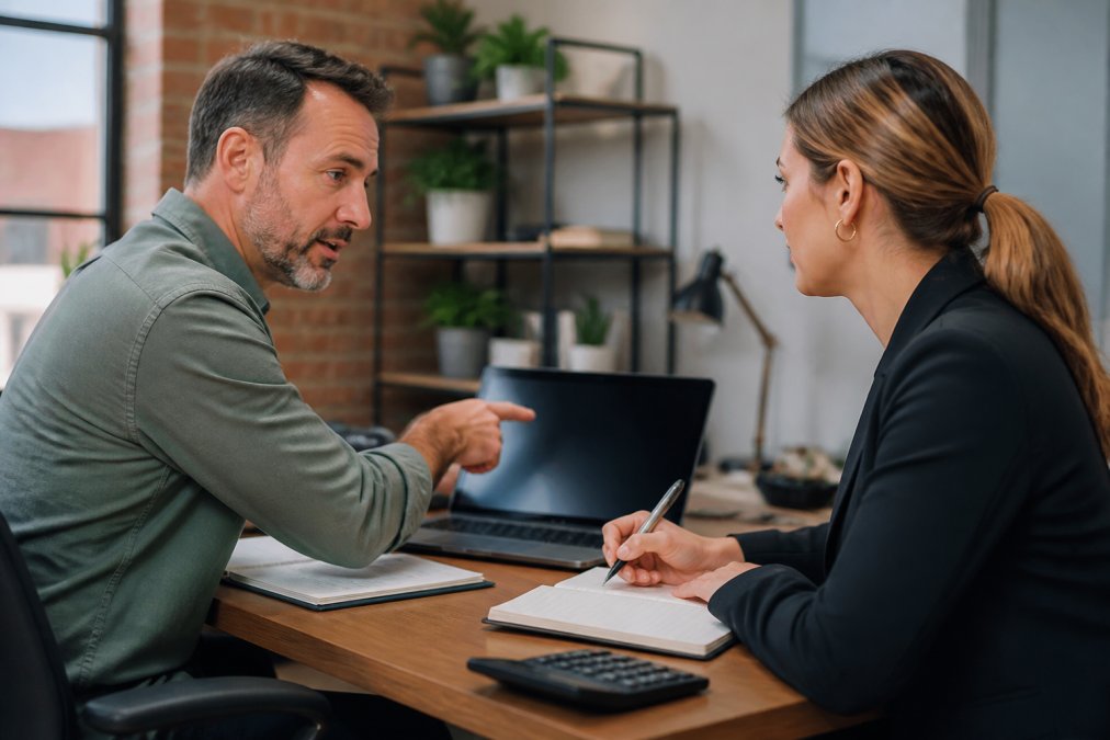 Small business owner and accountant reviewing financial reporting on a laptop in an office