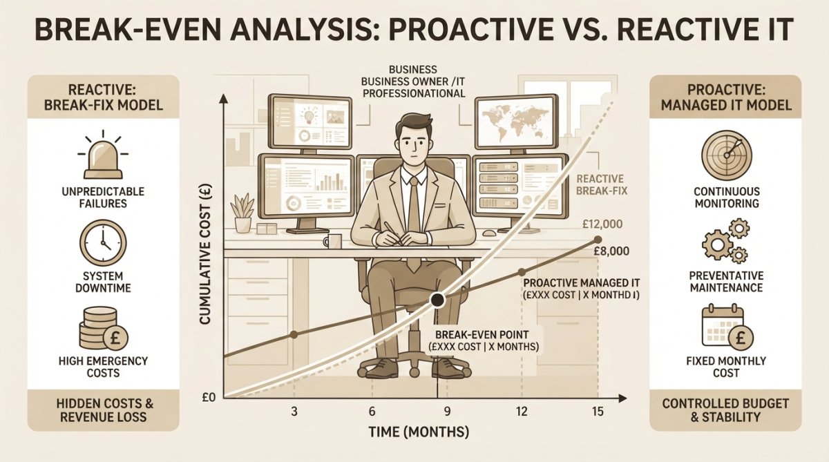 Small business owner monitoring multiple computer screens showing system health dashboards and security alerts in a modern office environment with natural daylight