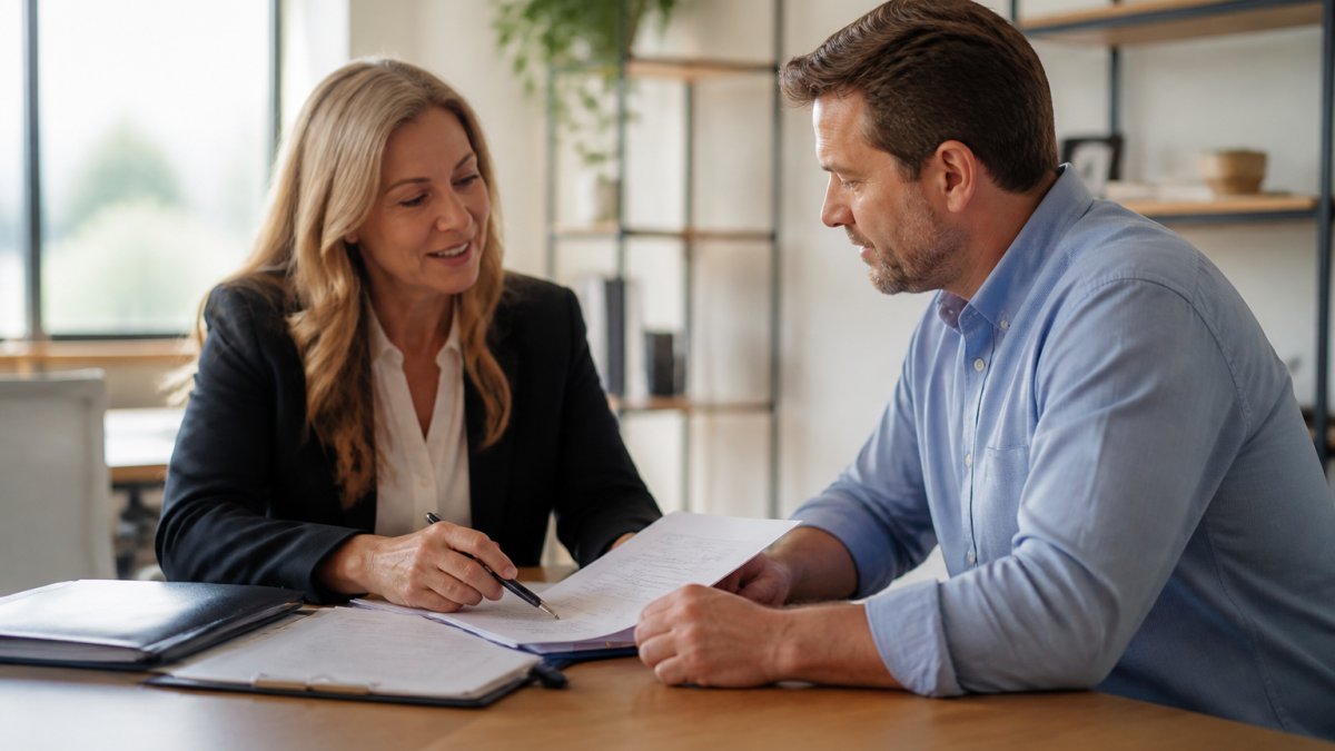 Professional demonstrating insurance document review with business advisor in modern office setting with natural lighting