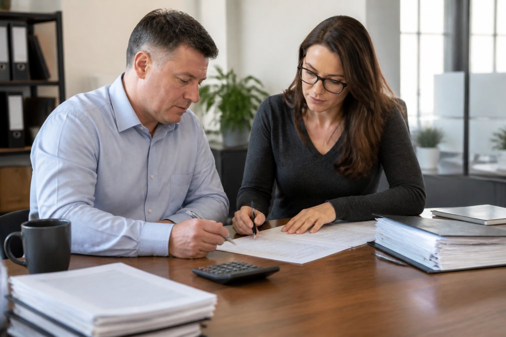 Small business owner reviewing professional payroll documents with an accountant at an office desk