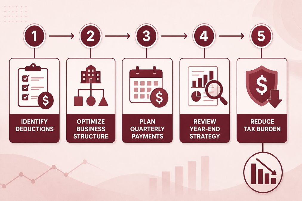 Flowchart showing tax planning process: Identify deductions → Optimize business structure → Plan quarterly payments → Review year-end strategy → Reduce tax burden